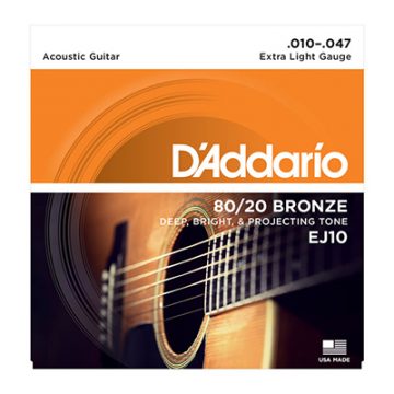 D'Addario EJ10 80/20 Bronze Acoustic Guitar Strings, Extra Light