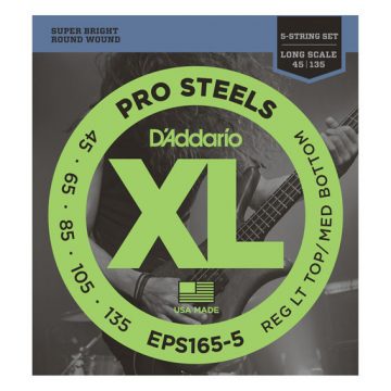 D'Addario EPS165-5 45-135 ProSteel Custom Light Long Scale 5 String Bass Guitar Strings