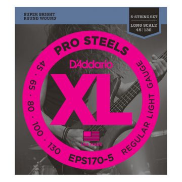 D'Addario EPS170-5 45-130 ProSteel Bass Light Long Scale 5 String Bass Guitar Strings