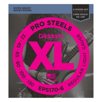 D'Addario EPS1706 32-130 ProSteels Bass Regular Light Long Scale 6 String Bass Guitar Strings